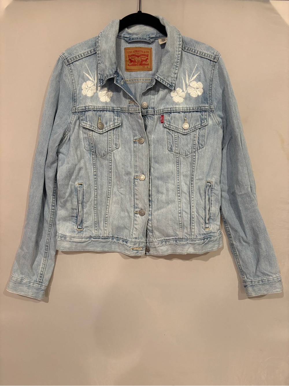 Levi's Light Blue Denim Jacket with White Floral Embroidery